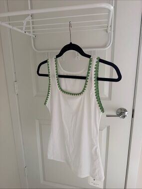 White Tank Top with Green Trim - Sleeveless Women's Top NWT
